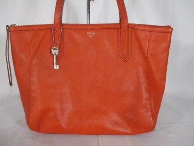 Fossil Large Sydney Orange Leather Tote Shoulder Bag Handbag Purse 