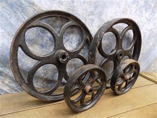 4 Ornamental Cast Iron Factory Cart Wheels Industrial Machine Age Vintage a