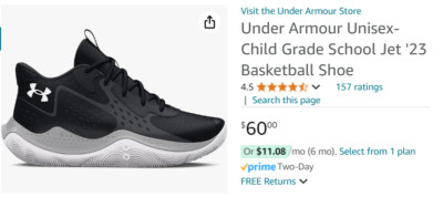 $20 less than Amazon! NEW - 2Y  - Under Armour Jet '23 Basketball Shoe - Blk/Gry