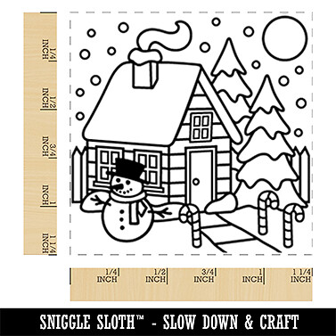 Winter House with Christmas Decorations Snowman Square Rubber Stamp for Stamping