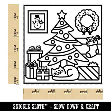 Christmas Morning Room Cat Tree Snowman Stocking Square Rubber Stamp Stamping