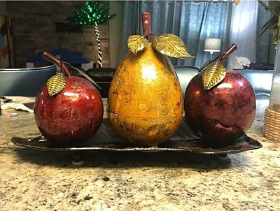 Metallic Fruit Centerpiece Apples & Pear On Platter Shiny Accent Sculpture Decor