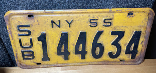 1955 New York License Plate SUB 144634 13 3/8" X 6 1/4" Suburban - Rust Damage