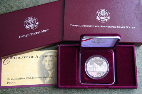 1993 S Thomas Jefferson 250th PROOF Silver Dollar Commemorative $1 Coin Box COA
