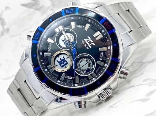 Orologio Polso ZCC 2004 Uomo Quarzo Acciaio Dual Time Silver Blu Nero lac