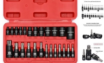  25 Piece Torx Bit and Socket Set, 13 Star Bits (T8- T60) T8-T60,E4-E22(25PCS)