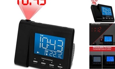  Projection Alarm Clock with AM/FM Radio, Battery Backup, Auto Time Set, Black
