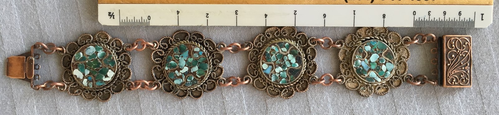 Vintage Mosaic Link Bracelet Copper Turquoise Design c.20s - 50s