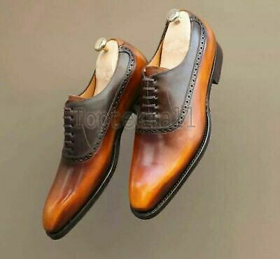 Pre-owned Handmade Men's Leather Patina Two Tone Cognac Oxfords Custom Made Shoes-769 In Brown