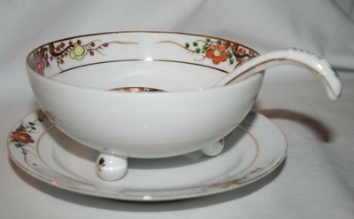 NIPPON Hand Painted 3 pc Whipped Cream Set Ball Foot Bowl, Ladle & Plate #682