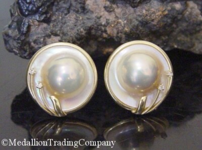 14k Yellow Gold 24mm Floral Diamond Blister Mabe Pearl Omega Back Earrings EA