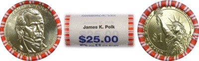 2009 D James K. Polk $25 Face Bank Wrapped Presidential Dollar Roll