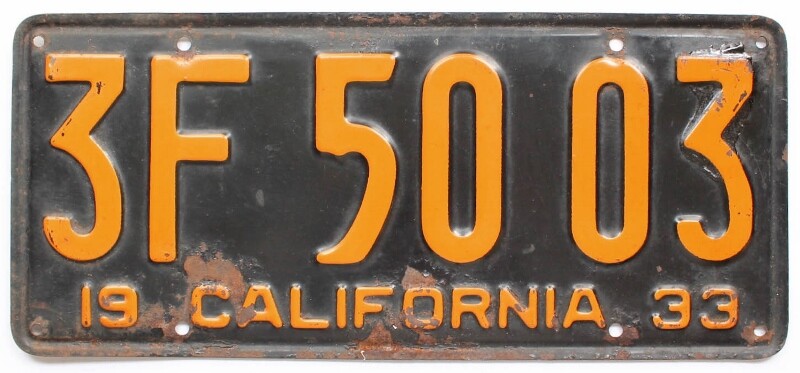 California 1933 License Plate Pair, 3F 50 03, DMV Clear, Original Paint