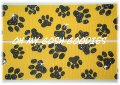 2 1/4 GLITTER PAW PAWPRINT GROSGRAIN RIBBON FOR CHEER FOOTBALL YELLOW GOLD BLACK