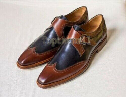 Pre-owned Handmade Men's Leather Two Tone Brown And Blue Monk Straps Formal Shoes-645