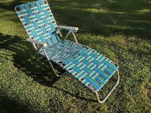 Vintage Aluminum Webbed Chaise Lounge Folding Reclining Lawn Chair Blue & Green 