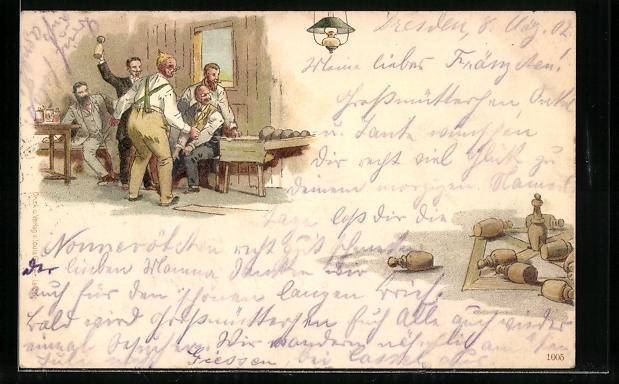 Lithographie Gesellige Herrenrunde Beim Kegeln 1902 