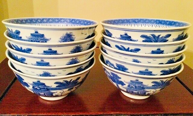 Chinese Blue Canton Porcelain Hand Painted 10-pc. 4 1/2" Rice Bowl Set