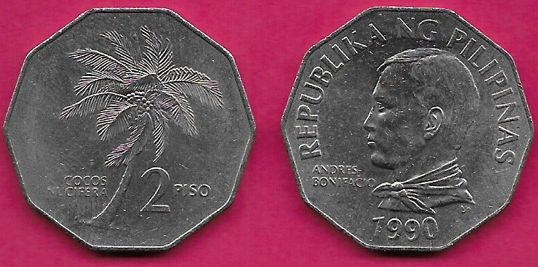 PHILIPPINES 2 PISO 1990 UNC COCONUT PALM,HEAD OF ANDRES BONIFACIO LEFT,10 SIDED 