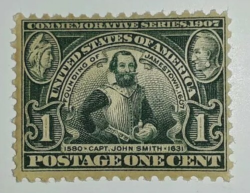 Travelstamps: 1907 US Stamps Scott #328 Capt. John Smith, mint original gum, Mnh