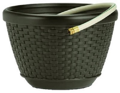 Suncast HPW100 18'' Brown Resin Wicker Design Garden Hose Storage Pot 