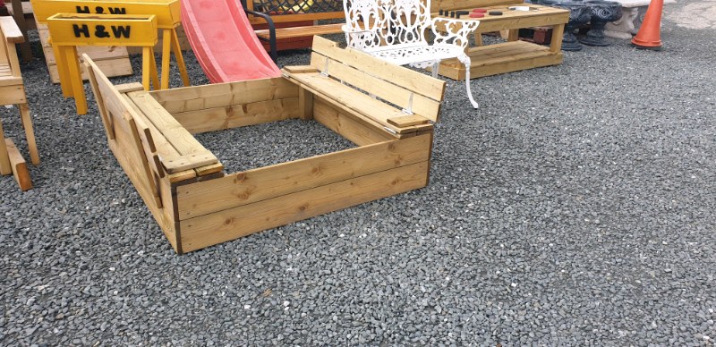 Wooden Sand Pit Toy Storage Opens To Benches Kids Climbing Frames