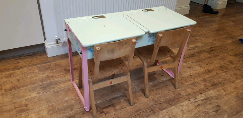 Vintage Double School Desk And Chairs In Bromsgrove