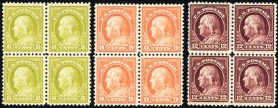 508-9, 512, Mint VF+ OG NH Blocks of Four FRESH - Cat $268.00 - Stuart Katz