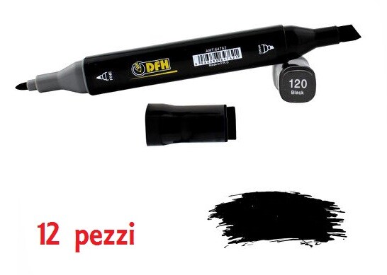 Set 12 Pz Pennarelli Doppia Punta Scuola Disegno Colore 120 Nero Black dfh
