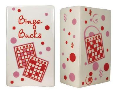 Ceramic Bank BINGO BUCKS Ivory Red Pink Bingo Cards 5'' tall Save Bingo Winnings!