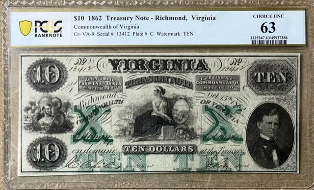 VIRGINIA Treasury Note - $10 - Ten Dollars -1862 - Cr. VA-9