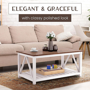 Farmhouse Coffee Table with Storage 2 Tier Center Cocktail Table Living Room