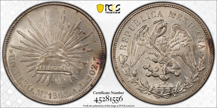 【新年セール】メキシコ　1ペソ銀貨　リストライク　1908-Mo GV PCGS 良好品】 新年セール】メキシコ 1ペソ銀貨 PCGS GV 1908-Mo