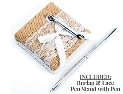 Rustic Wedding Guest Book Made of Burlap and Lace - Includes Matching Pen Holder