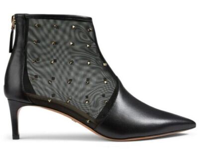 Pre-owned Valentino Garavani Valentino Rockstud Shining Mesh Black Leather Stud Kitten Heel Ankle Bootie 36.5