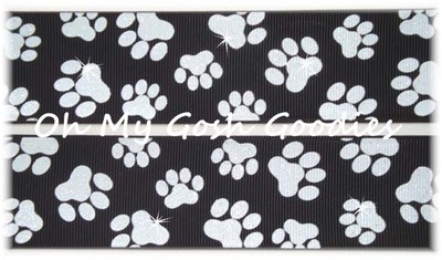 2 1/4 GLITTER PAW PAWPRINT GROSGRAIN RIBBON 4 CHEER TEAM FOOTBALL BLACK WHITE  