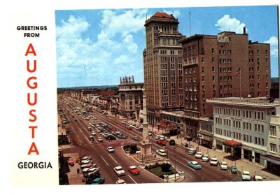 1950s AUGUSTA GA busy Broad Street Confederate Monument postcard
