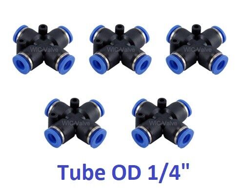 Cross Union Push In To Connect Pneumatic Air Fitting Tube OD 1/4" Inch 5 Pieces