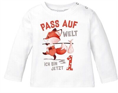 Baby Langarm-Shirt 1. Geburtstag  Pass auf Welt ich bin jetzt 1 2 Fuchs