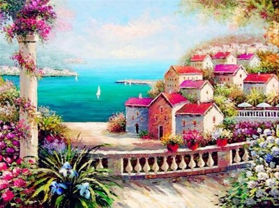 5D Diamond Painting Pink Roof Sea Side Village Kit