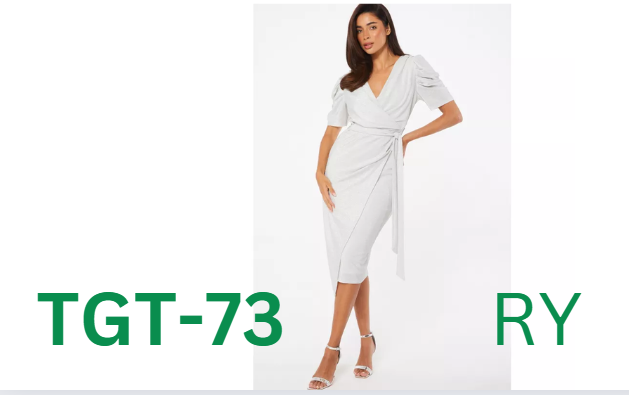 Lurex Puff Sleeve Wrap Midi Dress : Lurex Puff Sleeve Wrap Midi Dress, Silver, 4