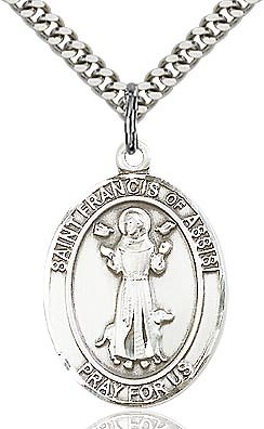 St. Francis of Assisi sterling silver with 24" stainless steel heavy curb chain