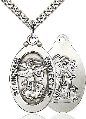 St. Michael sterling silver with 24" stainless steel heavy curb chain