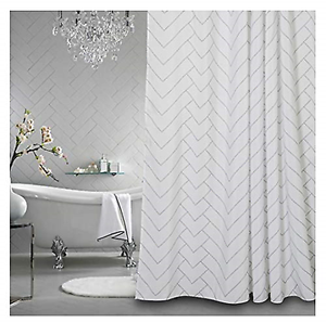 Hotel Quality White Striped Mold Resistant Fabric Shower Curtain