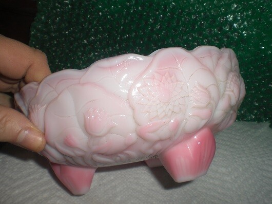 Fenton White and pink swirled glass footed candy bowl with original label