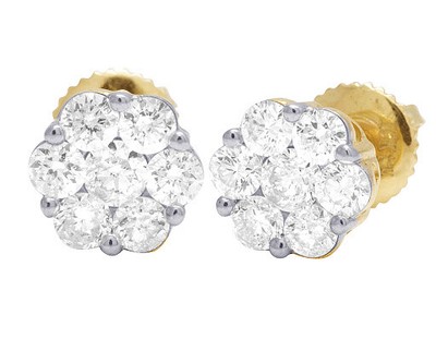 Pre-owned Jewelry Unlimited 10k Yellow Gold Genuine Diamond Round Flower Cluster Stud Earrings 1 Ct 8mm