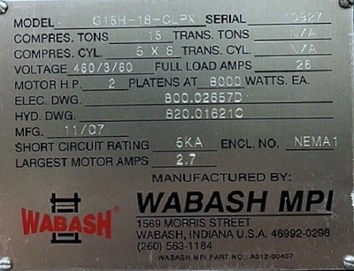 WABASH GENESIS 15 TON MOLDING PLATEN FOUR POST PRESS 2008