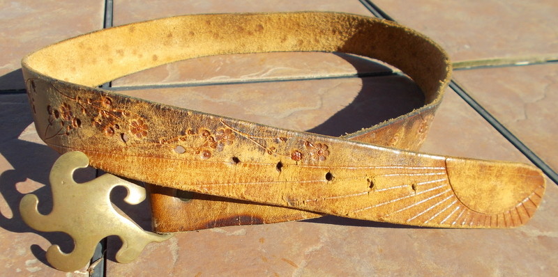 Vintage Hippie Tooled Belt with Brass Buckel