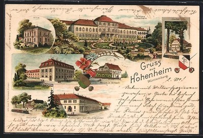 Lithographie Hohenheim /Würt., Bahnhof, Villa, Gasthof Hirsch in Birkach, Stude 