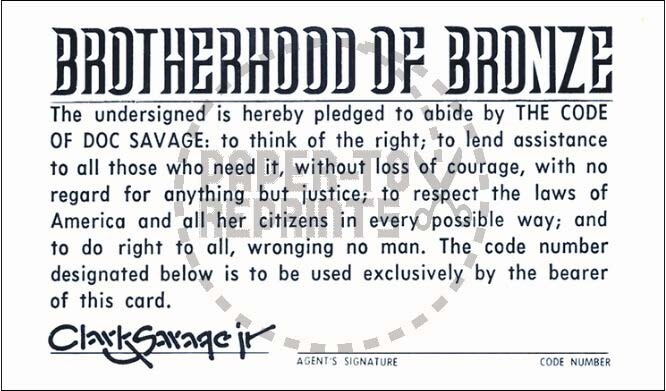 DOC SAVAGE THE BROTHERHOOD OF BRONZE MEMBERSHIP CARD - VINTAGE REPRINT